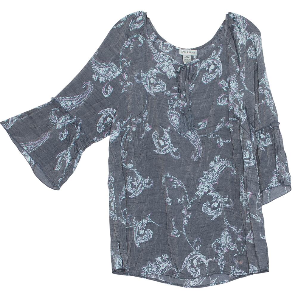 Catherines Top 3/4 Sleeve Paisley Cottage Boho Retro Prairie Gray Blue Size‎ 0X